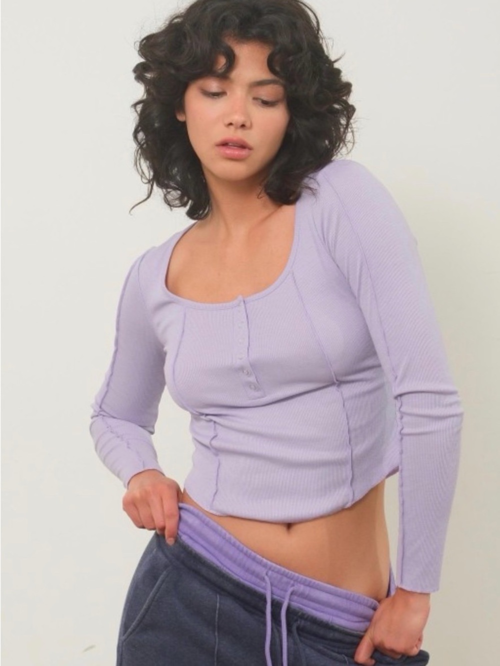 Lavender Ribbed Long-Sleeve Henley Top